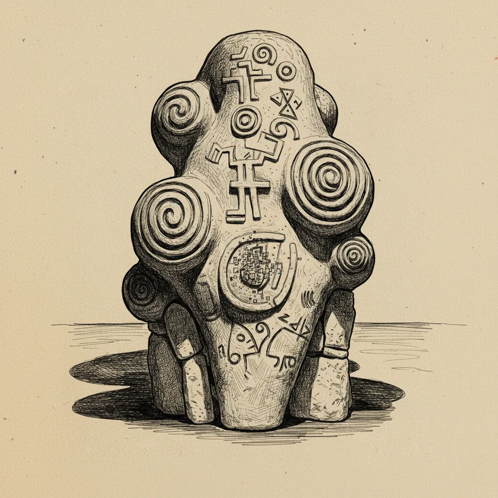 Esboço a lápis de escultura ancestral com espirais e grafismos