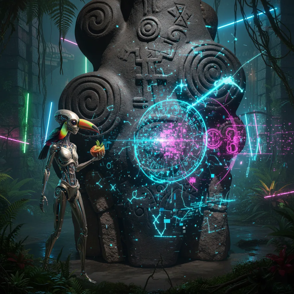 Estudo de escultura ancestral em pedra com grafismos entalhados