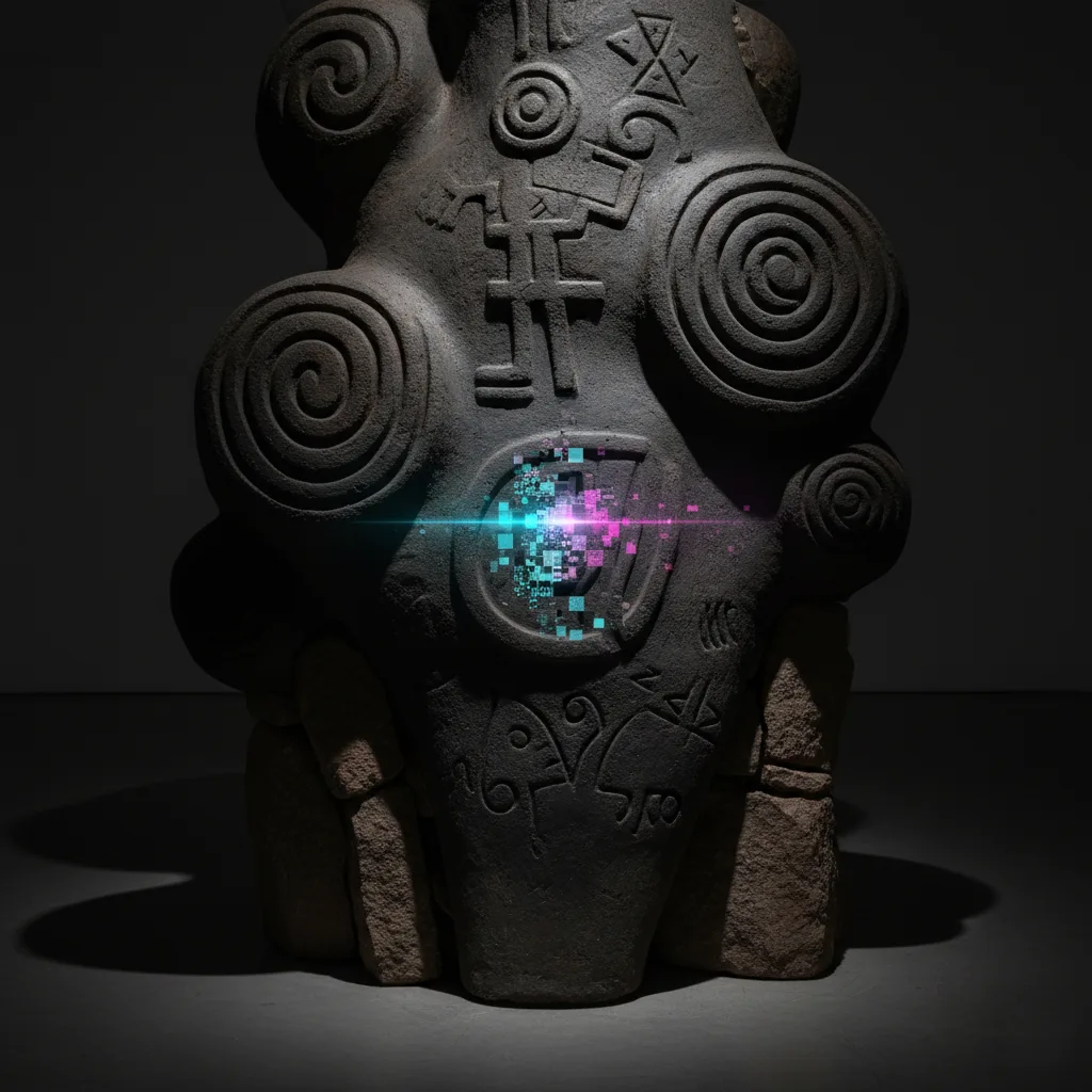 Escultura ancestral em pedra escura com espirais entalhadas; no centro, um brilho digital em turquesa e magenta
